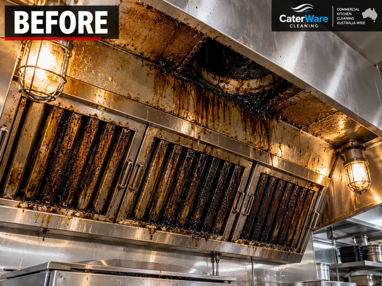 Canopy and baffle filters coated in grease before cleaning