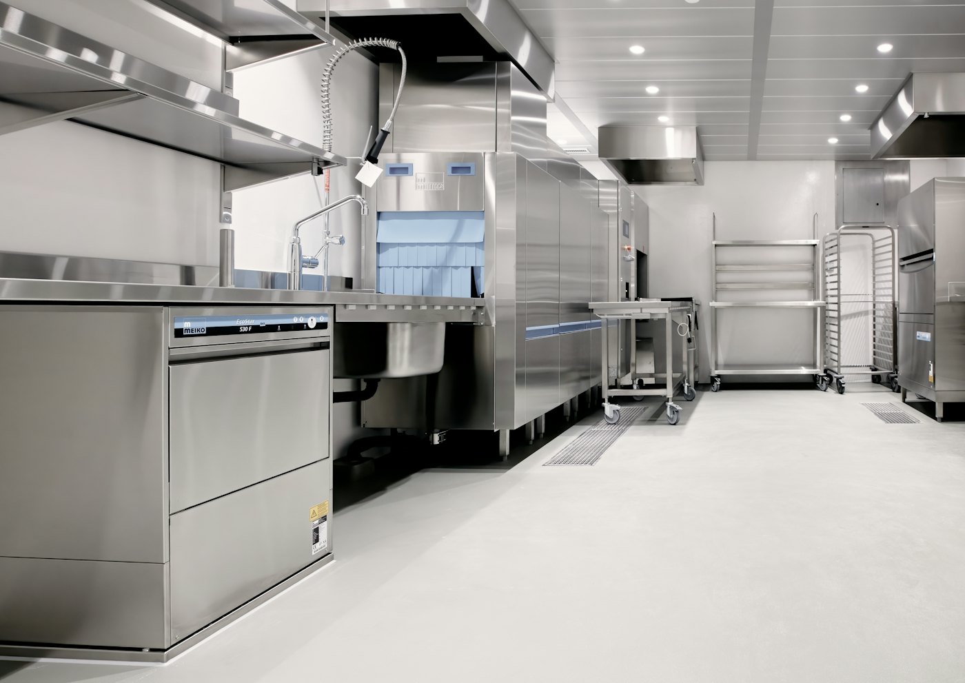 Clean stainless steel commercial kitchen
