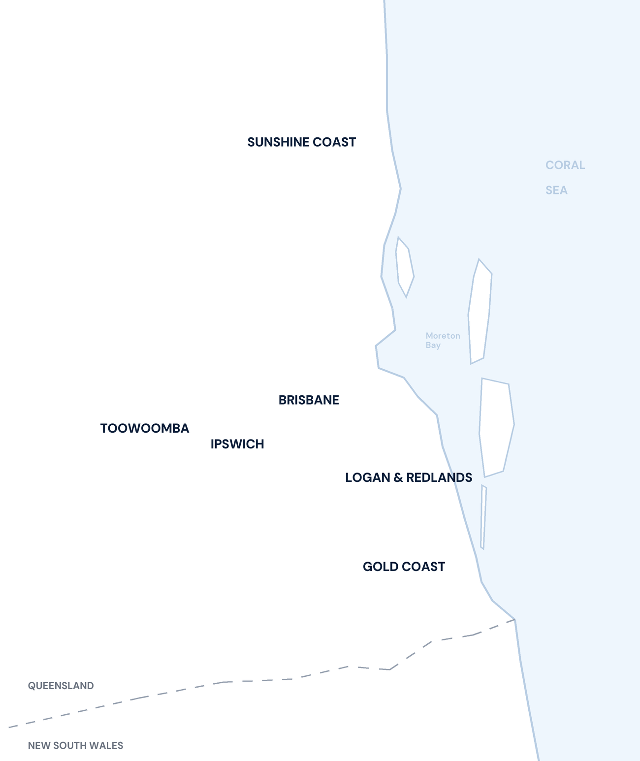 Map of South East Queensland showing Caterware Cleaning service areas: Sunshine Coast, Brisbane, Ipswich, Toowoomba, Logan & Redlands and the Gold Coast